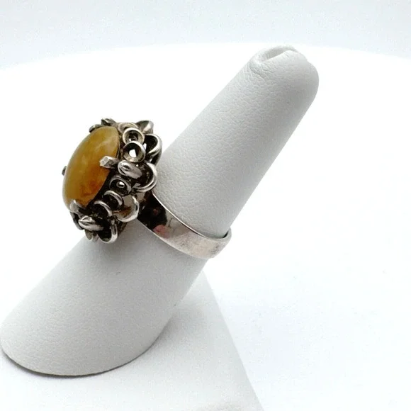 Vintage 1960-70 Sterling Silver Yellow Stone Ring Sz 6.75 Retro Ornate Metalwork - Picture 2 of 11